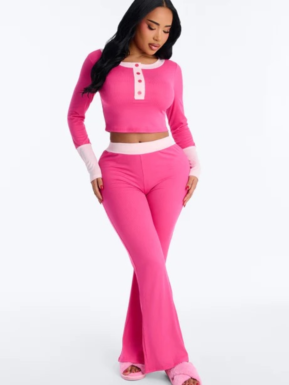 Fashion Nova Hot Pink Two-Piece Ribbed Crop Top & Flare Pants Set
